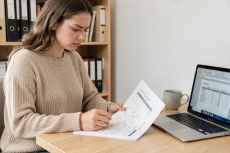 Étudiante en pull beige étudiant un document structuré avec des tableaux imprimés sur un bureau en bois dans un bureau à domicile ordonné