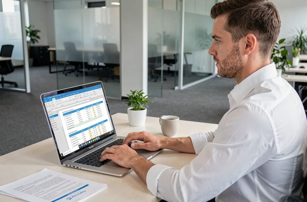 Homme en chemise blanche tapant sur un ordinateur portable avec un tableau Word visible à l'écran dans un bureau professionnel moderne