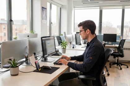 Technicien vérifiant un poste de travail dans un bureau de PME